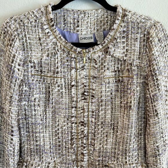 Chico’s Jacket Size 0 (small 4) Fringe Zip Front Beige Lined Career - Picture 2 of 9